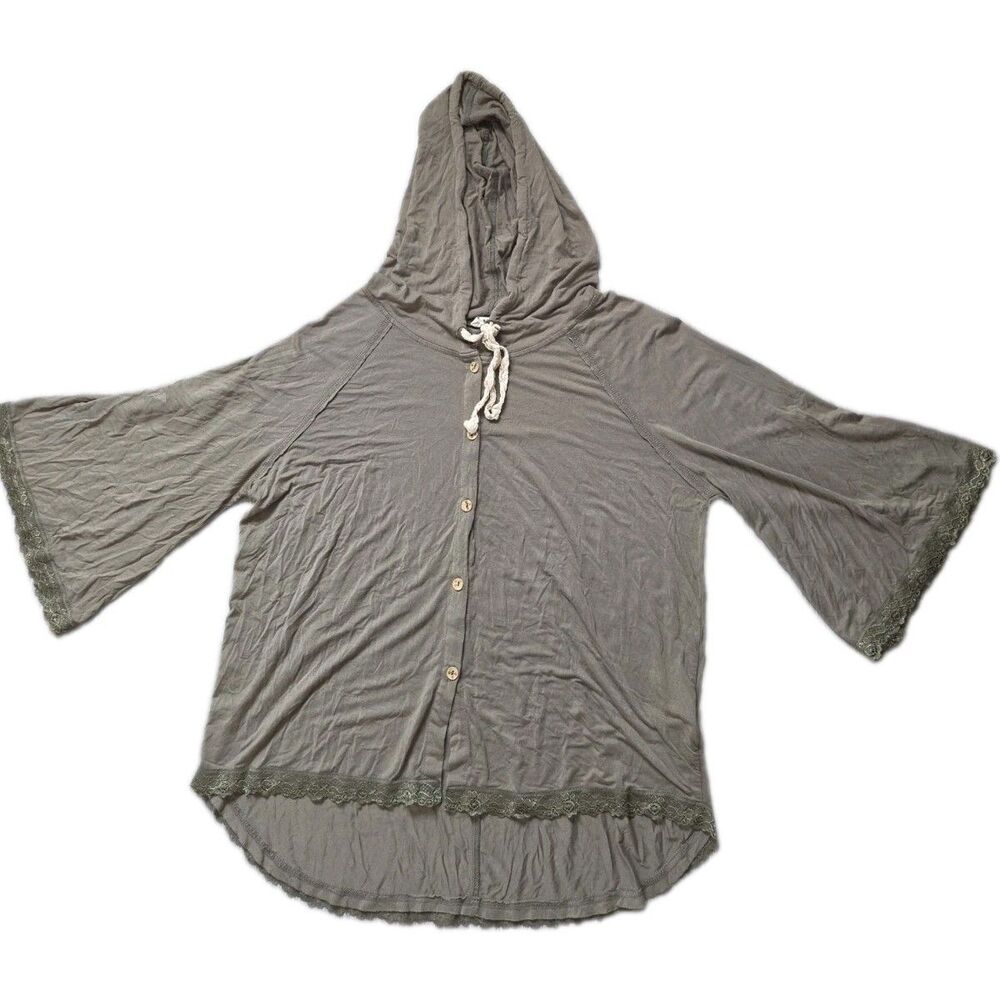 POL Olive Green Lace Trim Bell Sleeve Hooded Button Front Top Size M EUC